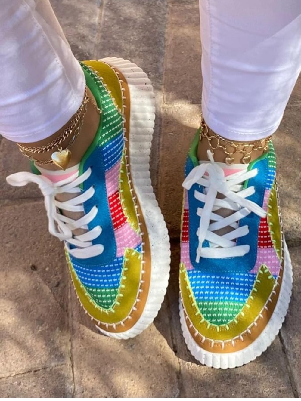 Liliana Rainbow Patchwork Platform Sneakers - Blue Green Pink - Picture 1 of 7